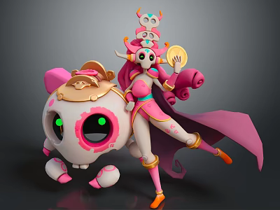 Game Movie Character Design Featuring Pink Skull and Female in Pink Outfit with Golden Item 3d model