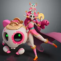 Game Movie Character Design Featuring Pink Skull and Female in Pink Outfit with Golden Item