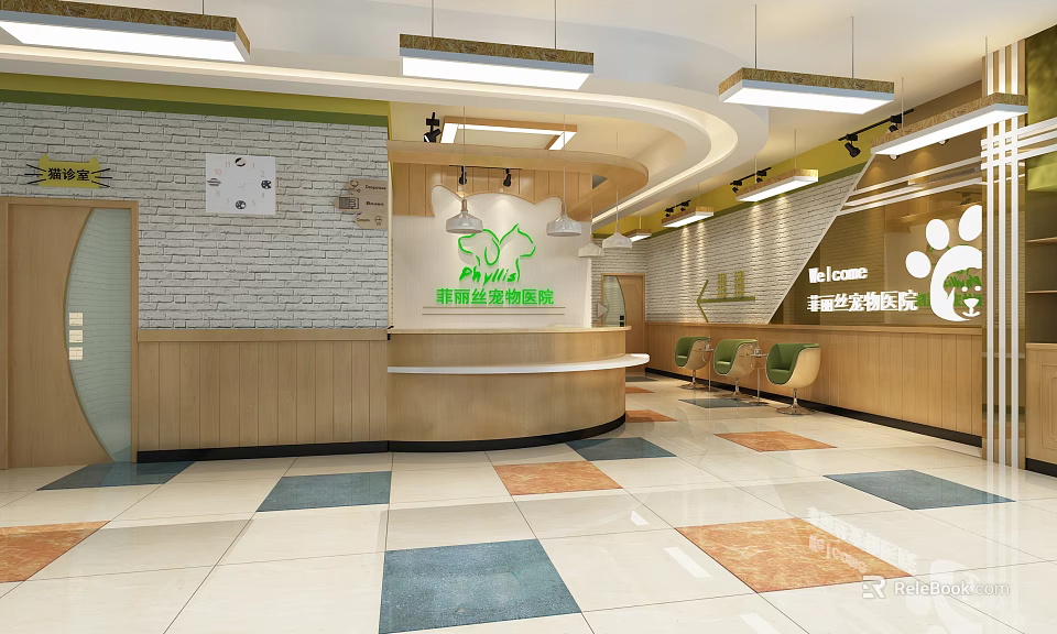 Modern Storefront Reception Area With Wooden Counter Green Logo And Colorful Floor Tiles 3d model 