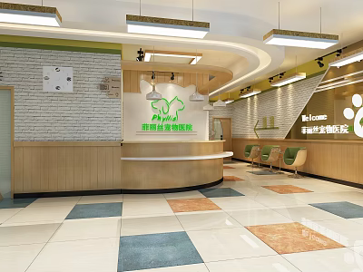 Modern Storefront Reception Area With Wooden Counter Green Logo And Colorful Floor Tiles 3d model