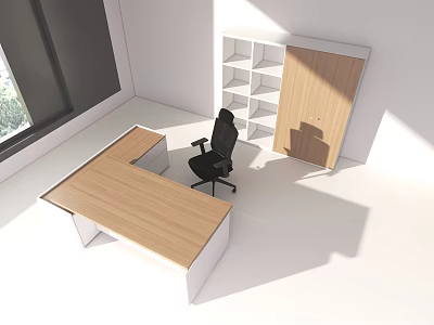 Modern Office Interior With Wooden Desk Black Office Chair Bookshelf Cabinet And Large Window 3d model
