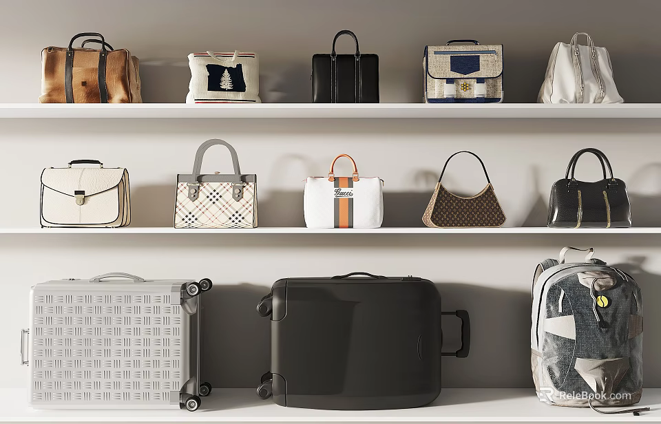 Stylish Handbags And Suitcases Displayed On White Shelves With Assorted Designs 3d model 