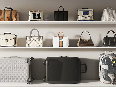 Stylish Handbags And Suitcases Displayed On White Shelves With Assorted Designs 3d model