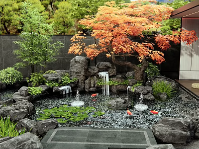 Tranquil Garden Water Fountain With Rockery Waterfall Koi Fish And Orange Maple Tree Surrounded By Greenery 3d model