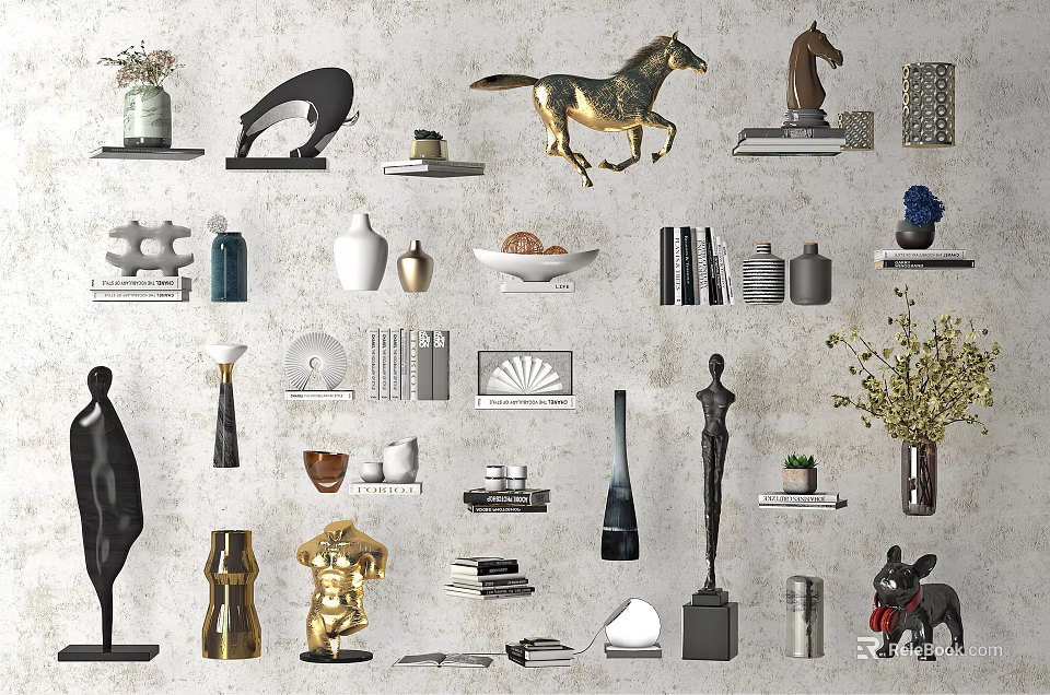 Elegant Modern Decorative Ornament Set With Golden Horse Sculpture Ceramic Vase Books And Figurines 3d model 