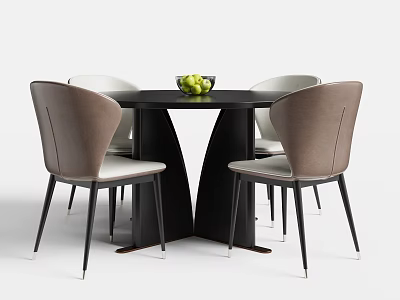 Black Round Dining Table With Four Chairs Brown Backrests Light Seats And Green Fruit Bowl 3d model