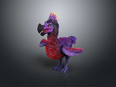 Detailed Mythical Purple Red Fantasy Creature With Glowing Feathers Large Beak And Crest 3d model