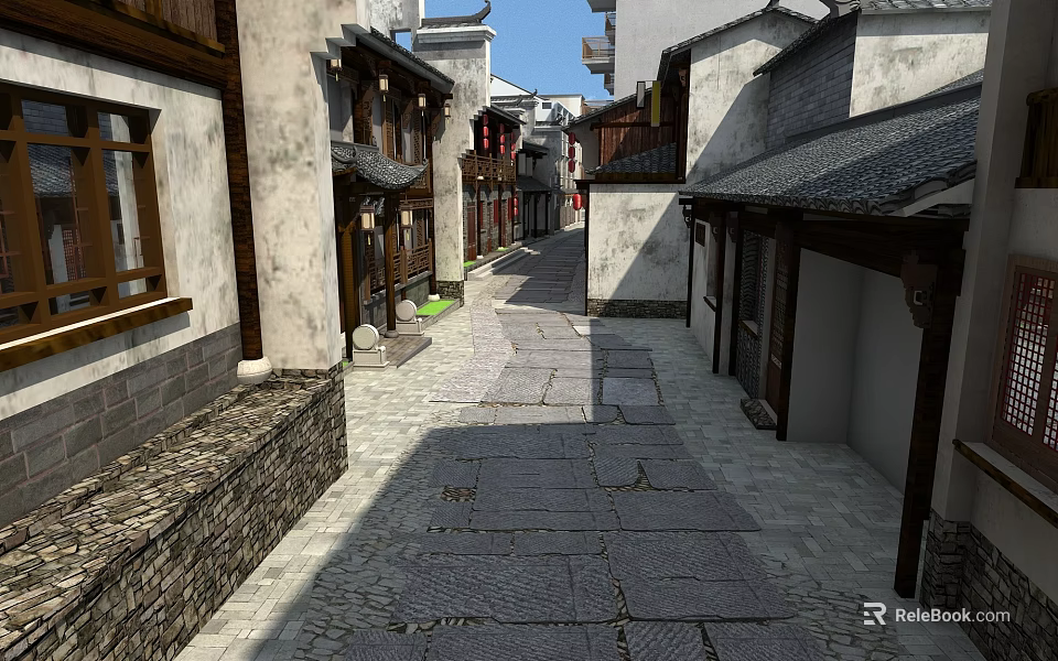 Ancient Style Commercial Street With Traditional Buildings And Stone Paved Path 3d model 