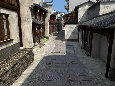 Ancient Style Commercial Street With Traditional Buildings And Stone Paved Path 3d model