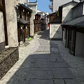 Ancient Style Commercial Street With Traditional Buildings And Stone Paved Path