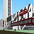 Modern Commercial Complex With Black And White Striped Exterior And YUAN Signage In Urban Area