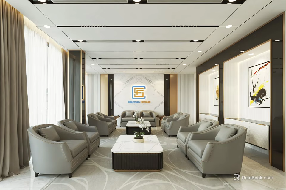Modern Elegant Hotel Public Lounge Area With Gray Sofas Coffee Table And Decorative Paintings 3d model 