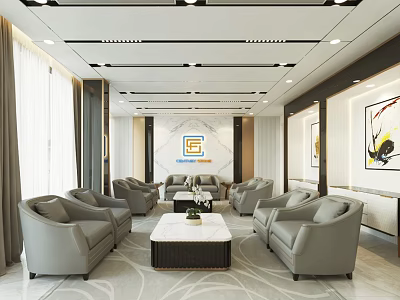 Modern Elegant Hotel Public Lounge Area With Gray Sofas Coffee Table And Decorative Paintings 3d model
