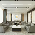 Modern Elegant Hotel Public Lounge Area With Gray Sofas Coffee Table And Decorative Paintings