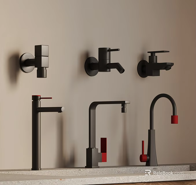 Modern Design Faucets With Black Bodies And Red Accents Wall Mounted And Countertop Styles 3d model 