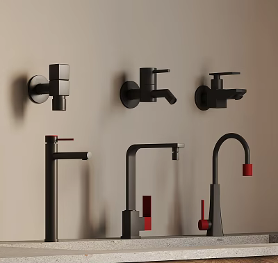 Modern Design Faucets With Black Bodies And Red Accents Wall Mounted And Countertop Styles 3d model