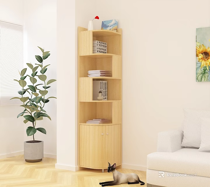 Wooden Multilayer Locker In Living Room With Decorative Plant And Sofa 3d model 