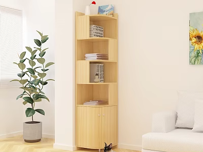 Wooden Multilayer Locker In Living Room With Decorative Plant And Sofa 3d model