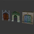 Three Different Style Entrance Doors Red Black Blue Wooden With Ornate Tops And Classical Details