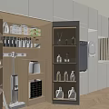 Wooden Kitchen Storage Cabinet With Open Shelves Holding Bottles And Appliances
