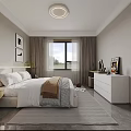 Modern Bedroom Interior Design With Bed Wardrobe Window Curtains Table Lamp Wall Art And Rug