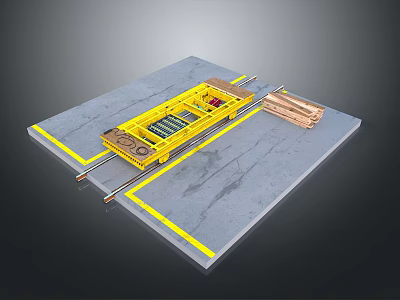 Yellow Industrial Mechanical Device on Track with Wooden Boards and Concrete Floor 3d model