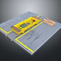Yellow Industrial Mechanical Device on Track with Wooden Boards and Concrete Floor