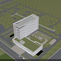 Modern Multi Storey Hospital Building With Glass Facade And Roadside Green Lawn