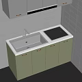 Modern Kitchen Sink with Light Green Cabinets Gold Handles and Black Countertop