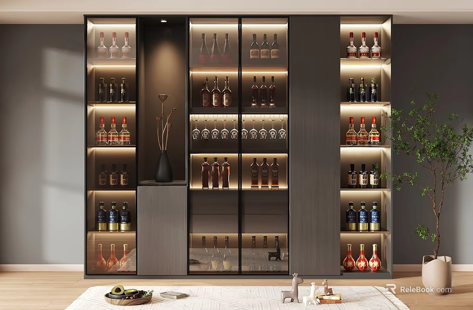 Modern Wine Cabinet With Glass Doors And Multi Layer Storage For Wine Bottles And Glasses 3d model 