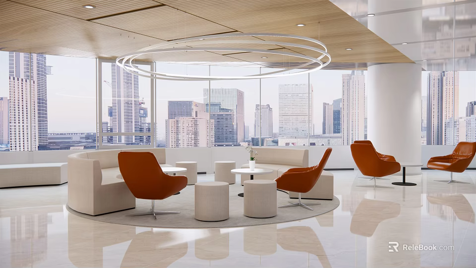 Modern Lounge Area Interior With Orange Chairs Round Coffee Tables And City View 3d model 