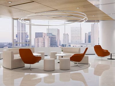 Modern Lounge Area Interior With Orange Chairs Round Coffee Tables And City View 3d model