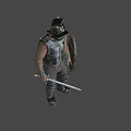 Man in Medieval Metal Armor Wearing Perforated Helmet With Decorative Details Against Dark Background
