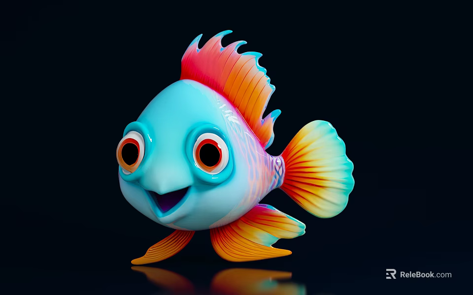 Cute Aquatic Fish with Big Eyes Bright Blue Body and Orange Red Fins 3d model 