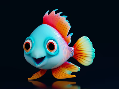 Cute Aquatic Fish with Big Eyes Bright Blue Body and Orange Red Fins 3d model