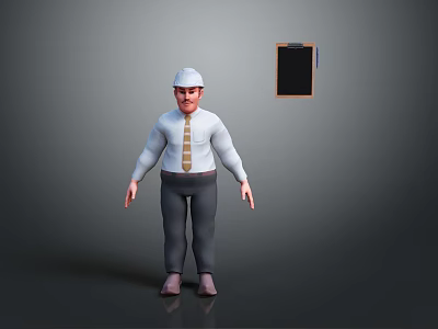 3D Male Character Standing Wearing White Shirt Tie Safety Helmet With Clipboard 3d model