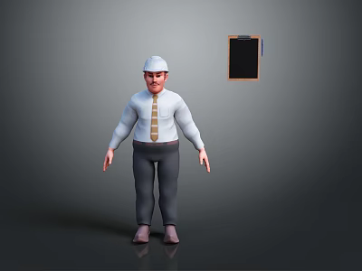 3D Male Character Standing Wearing White Shirt Tie Safety Helmet With Clipboard 3d model