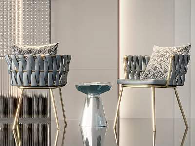 Modern Woven Gray Accent Chairs With Gold Legs Geometric Pillows And Glass Side Table 3d model
