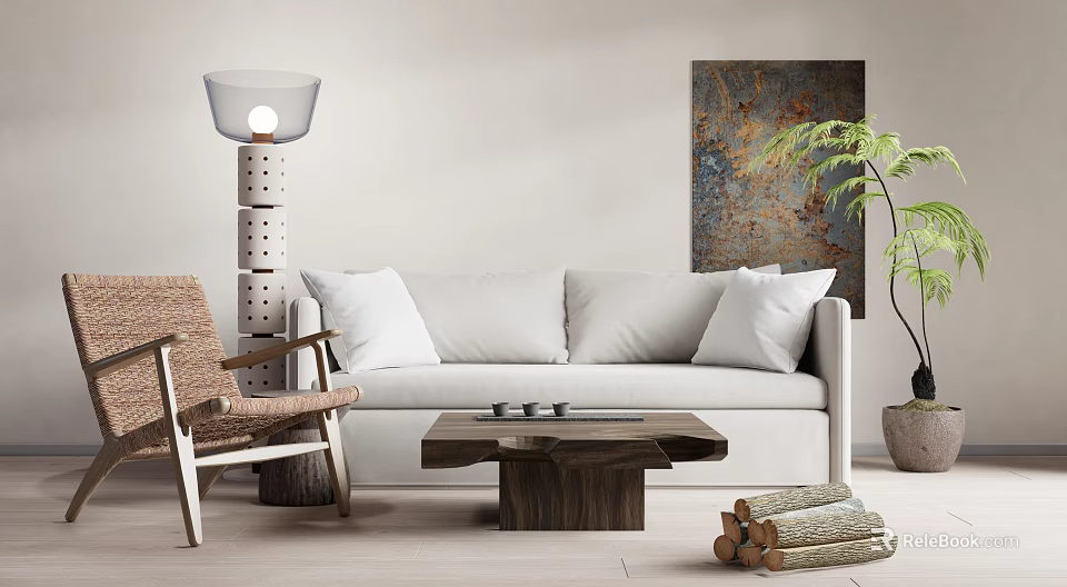 White Sofa and Wooden Coffee Table Set with Floor Lamp Green Plant and Wall Art 3d model 