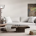 White Sofa and Wooden Coffee Table Set with Floor Lamp Green Plant and Wall Art