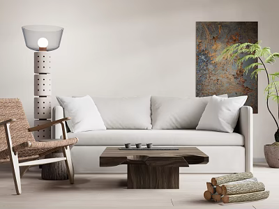 White Sofa and Wooden Coffee Table Set with Floor Lamp Green Plant and Wall Art 3d model