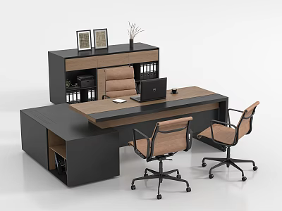 Modern Office Desk and Chairs Set with Wooden Top Black Frame Cabinet Laptop Photo Frames 3d model