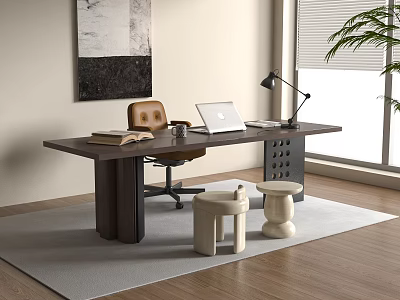 Modern Wooden Desk With Leather Chair Laptop Table Lamp Books And Wall Art 3d model