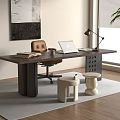 Modern Wooden Desk With Leather Chair Laptop Table Lamp Books And Wall Art