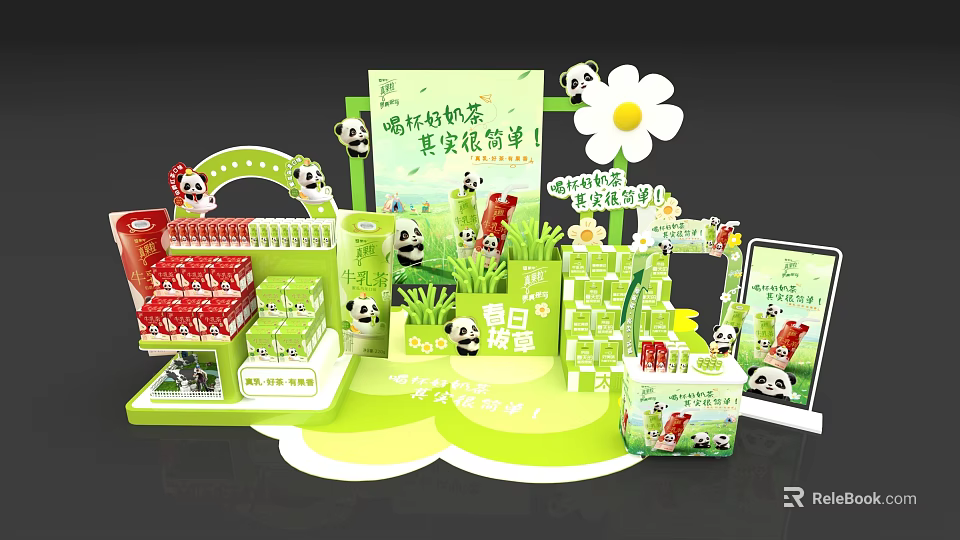 Vibrant Garden Landscape with Panda Figures Flowers Green Plants and Spring Barbecue 3d model 