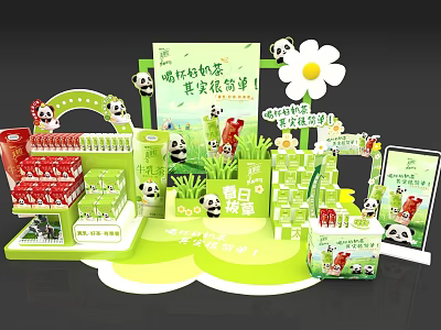 Vibrant Garden Landscape with Panda Figures Flowers Green Plants and Spring Barbecue 3d model