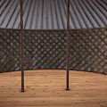 Traditional Dome Shaped Yurt Tent With Beige Fabric Colorful Embroidery Wooden Doors And Floor