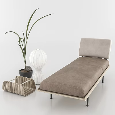 Single Bed With Beige Upholstery Wooden Frame Tall Plant White Lamp And Wooden Storage Basket 3d model