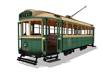 Vintage City Tram 466 Green And Cream With Trolley Pole Open Doors And Windows 3d model