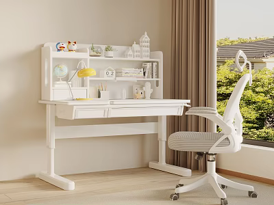White Minimalist Desk Chair Set With Bookshelf Globe And Window Green Plants 3d model